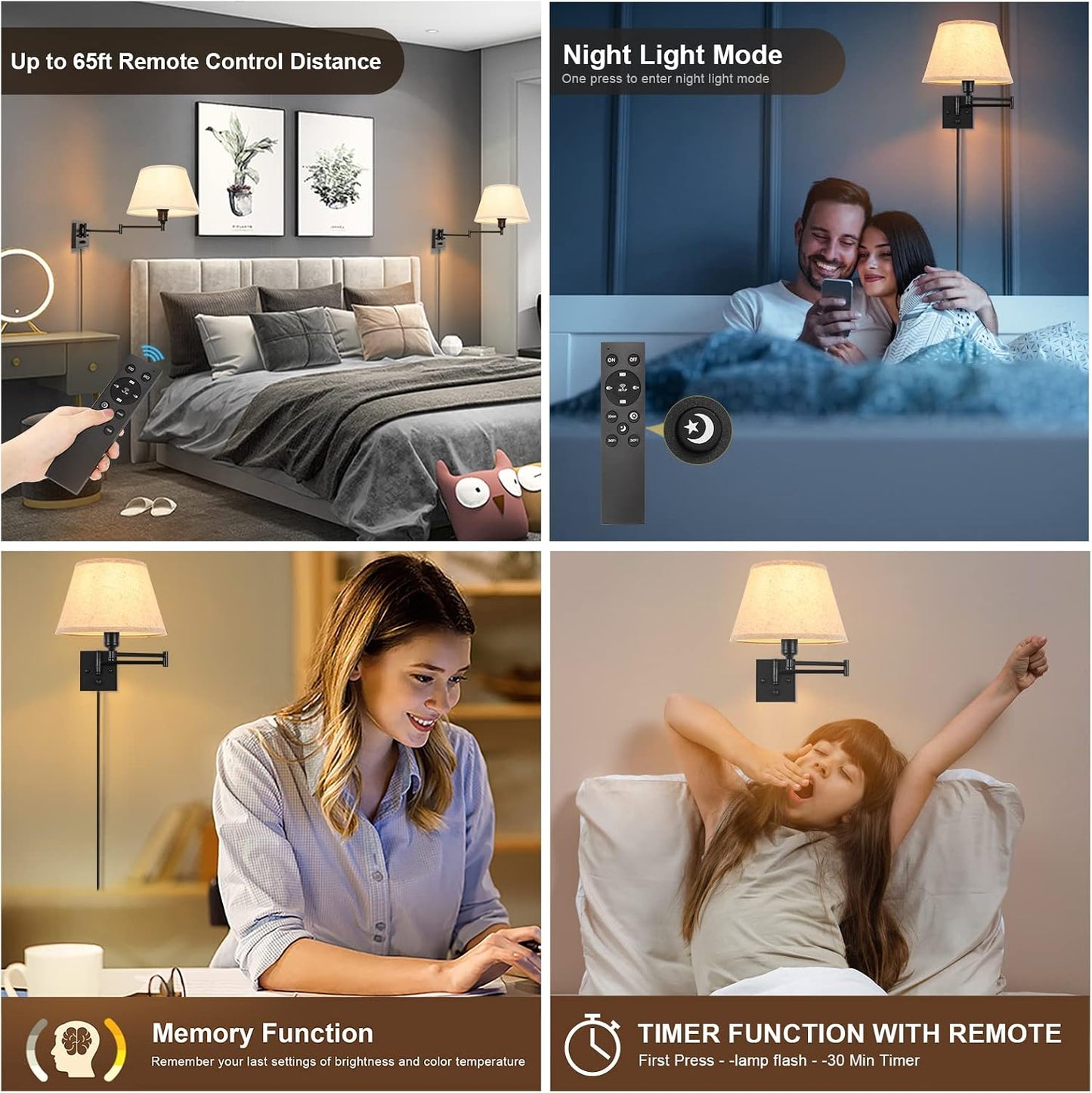TRLIFE Wall Sconce Plug in, Remote Control Dimming 10-100% and Adjustable Color Temperature 2700K-6500K Swing Arm Wall