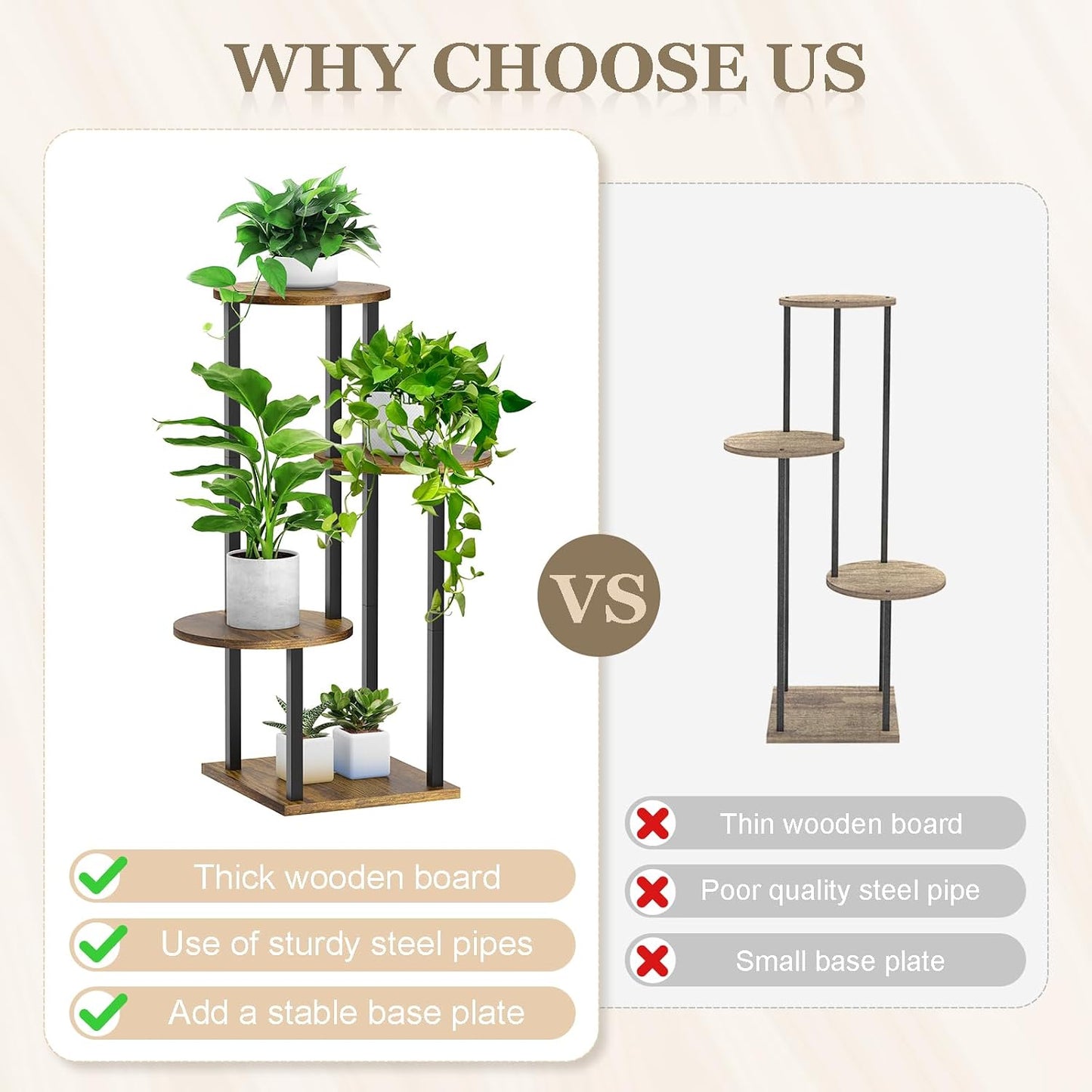 4 Tier Plant Stand Indoor, Metal Wooden Tall Plant Shelf Flower Pot Stand for Multiple Plants, Corner Flower Holder