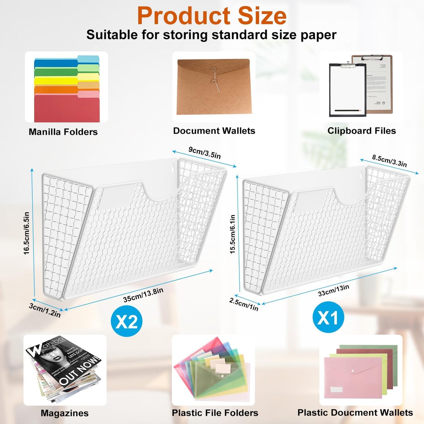MFTEK Magnetic File Holder, 3 Pockets Wall File Folders Holder No Drilling Magnetic Paper Mail Organizer Magazine