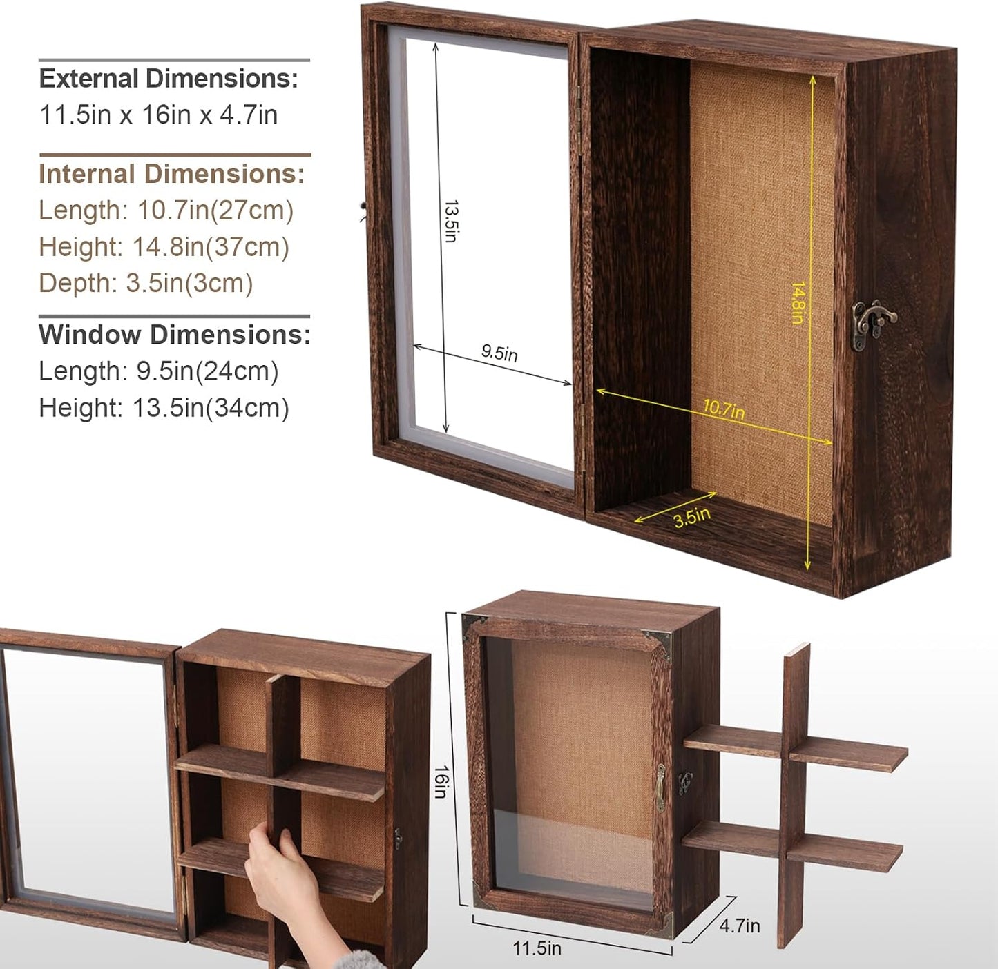 Shadow Box Frame 12x16, 4.7 inches deep, Display Case with Removable Shelves & 6 Compartments, Large Memory Box for