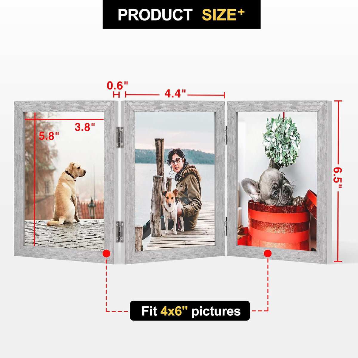 TOFOREVO 4x6 3 Picture Frame Triple Wooden Hinged Photo Frame Definition Glass Stand Vertically on Desktop or Tabletop