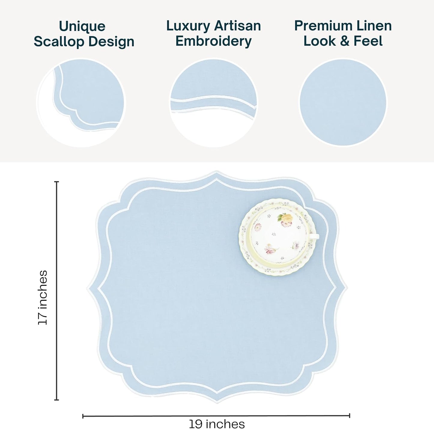 Cotton Linen Scalloped & Embroidered Placemats Set of 4, Light Blue | Bryonia Double Layered Machine Washable Cloth