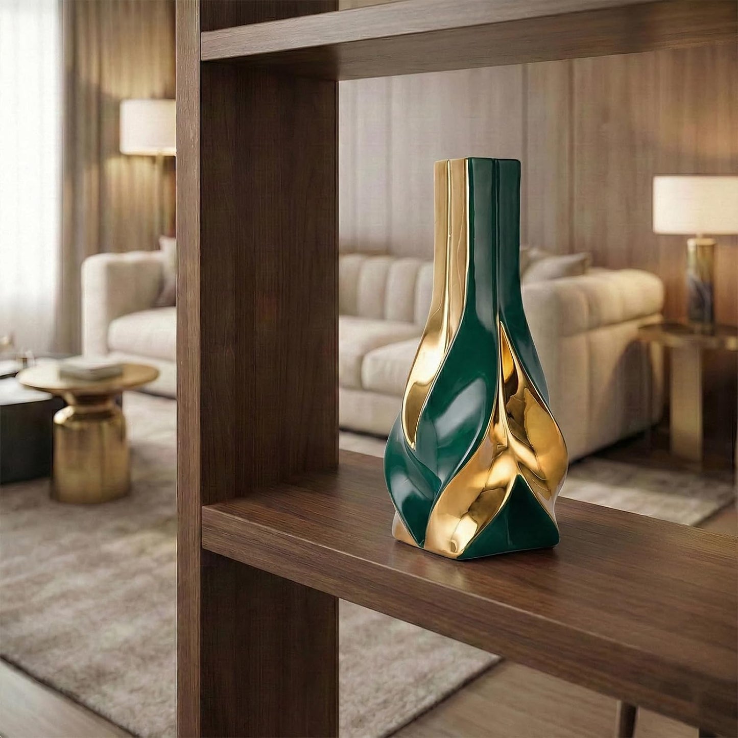 10.6" Green and Gold Ceramic Vase / Green Gold