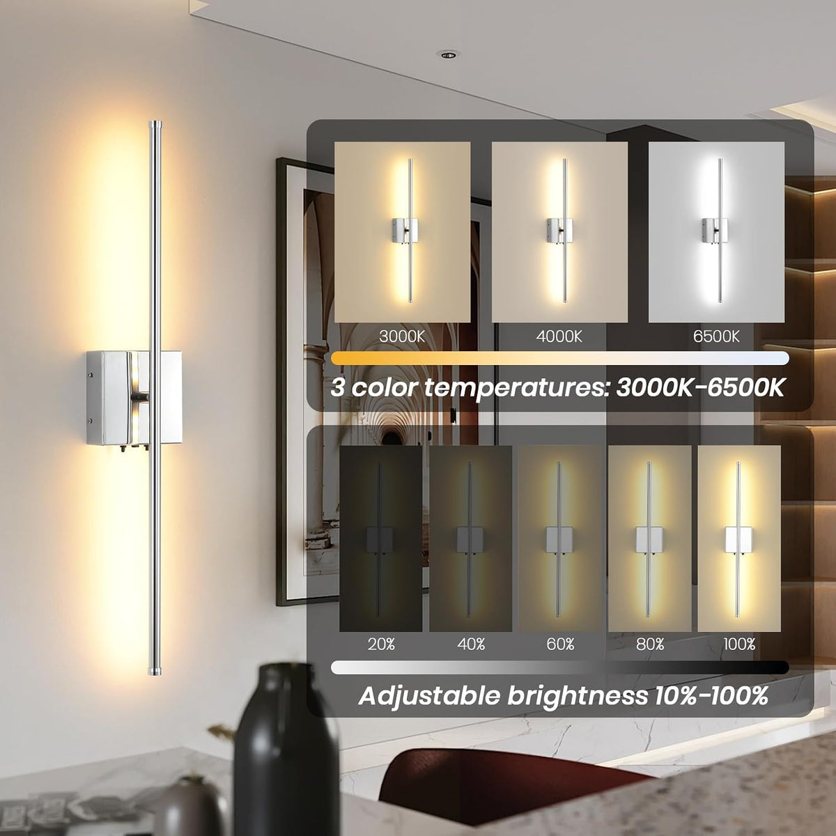 LED Wireless Battery Operated Wall Sconces, 11000mAh Rechargeable Chrome Wall Lights with Remote Control, 350°Rotate