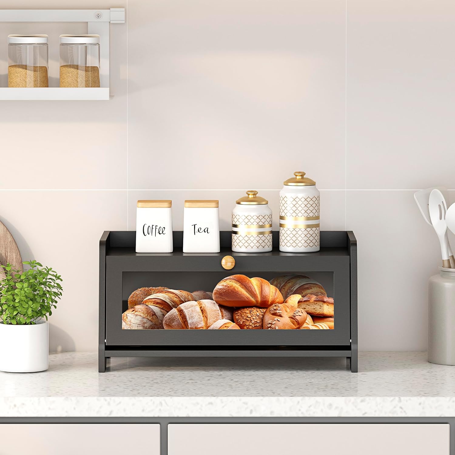 JANSNIMEN Bread Box for Kitchen Countertop, Large Bread Container Storage, Wooden Farmhouse Bread Box with Window Bread