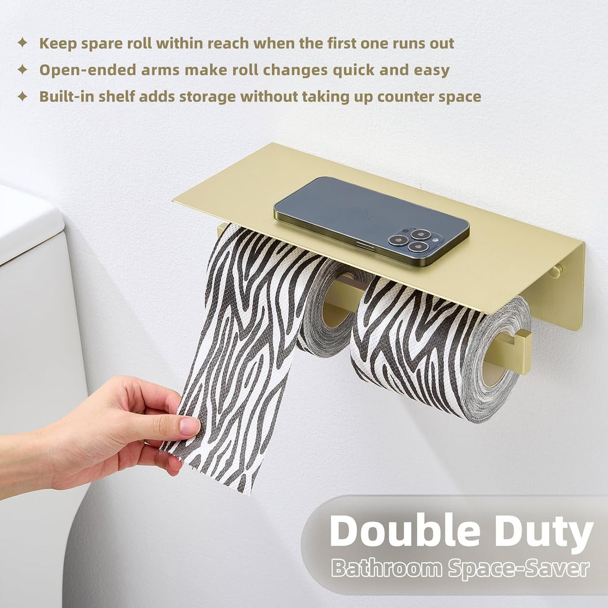 APLusee Brushed Gold Double Toilet Paper Holder with Shelf, 304 Stainless Steel Wall Mount Tissue Roll Holder for