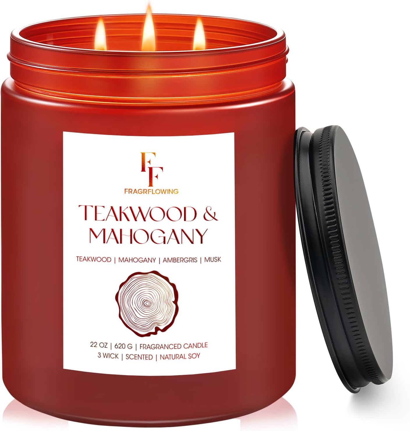 Teakwood & Mahogany Large Christmas Scented Candle, 3-Wick 22oz Long Lasting Scented Candle, Natural Soy Wax