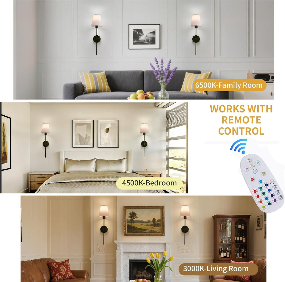 Wall sconces Set of Two Battery Operated – Rechargeable Wireless Wall Lights with Remote, 15 Colors & Dimmable