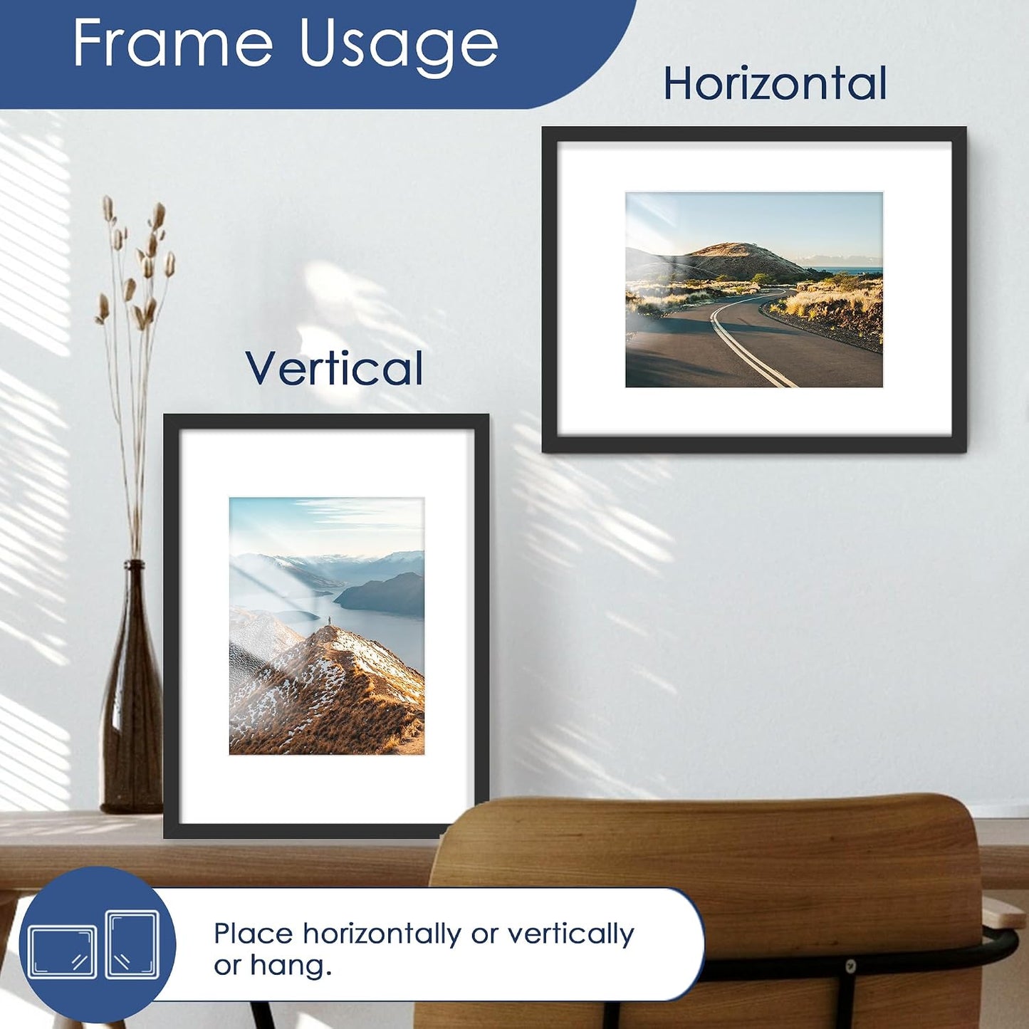 12x16 Picture Frame Set of 6, Wall Mounting Display, Black | Display 8.5x11 with Mat or 12x16 Without Mat, Horizontal