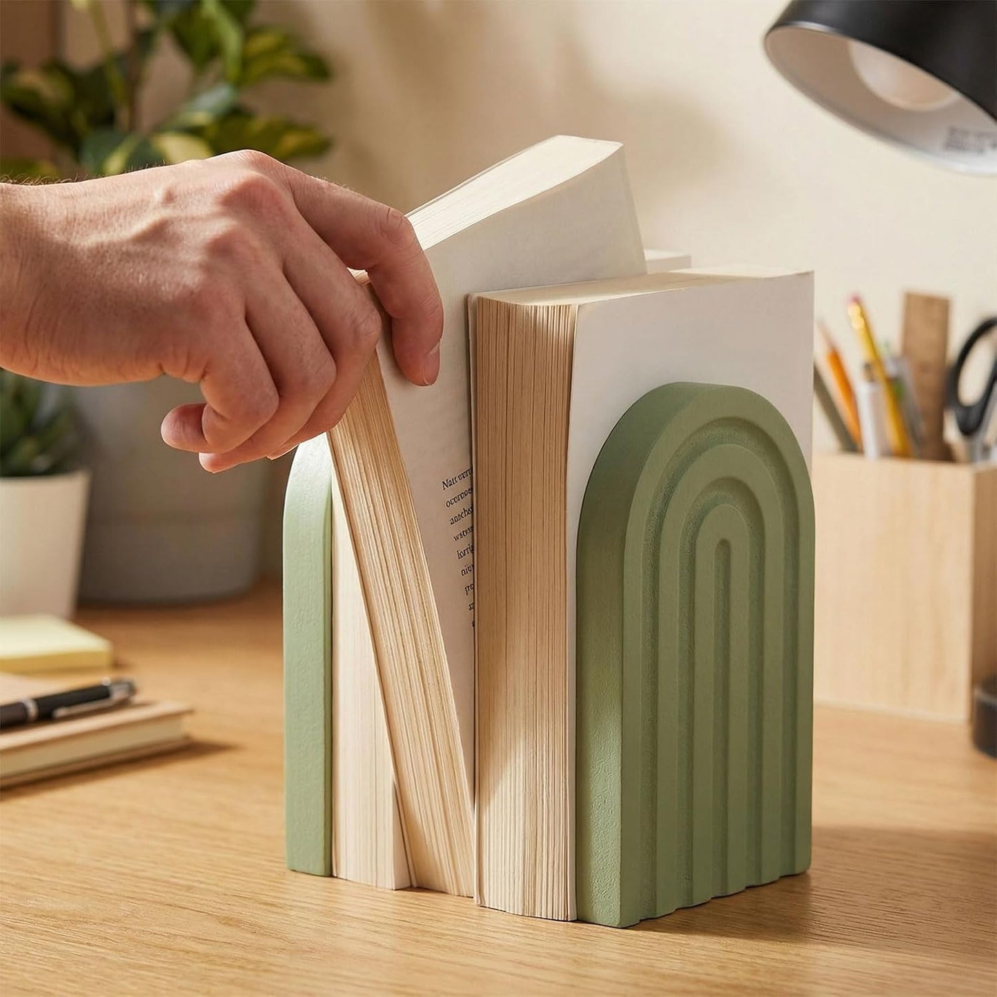 Boho Arch Wood Bookends Sage Rainbow Wooden Book Stands / Green / Set of 4