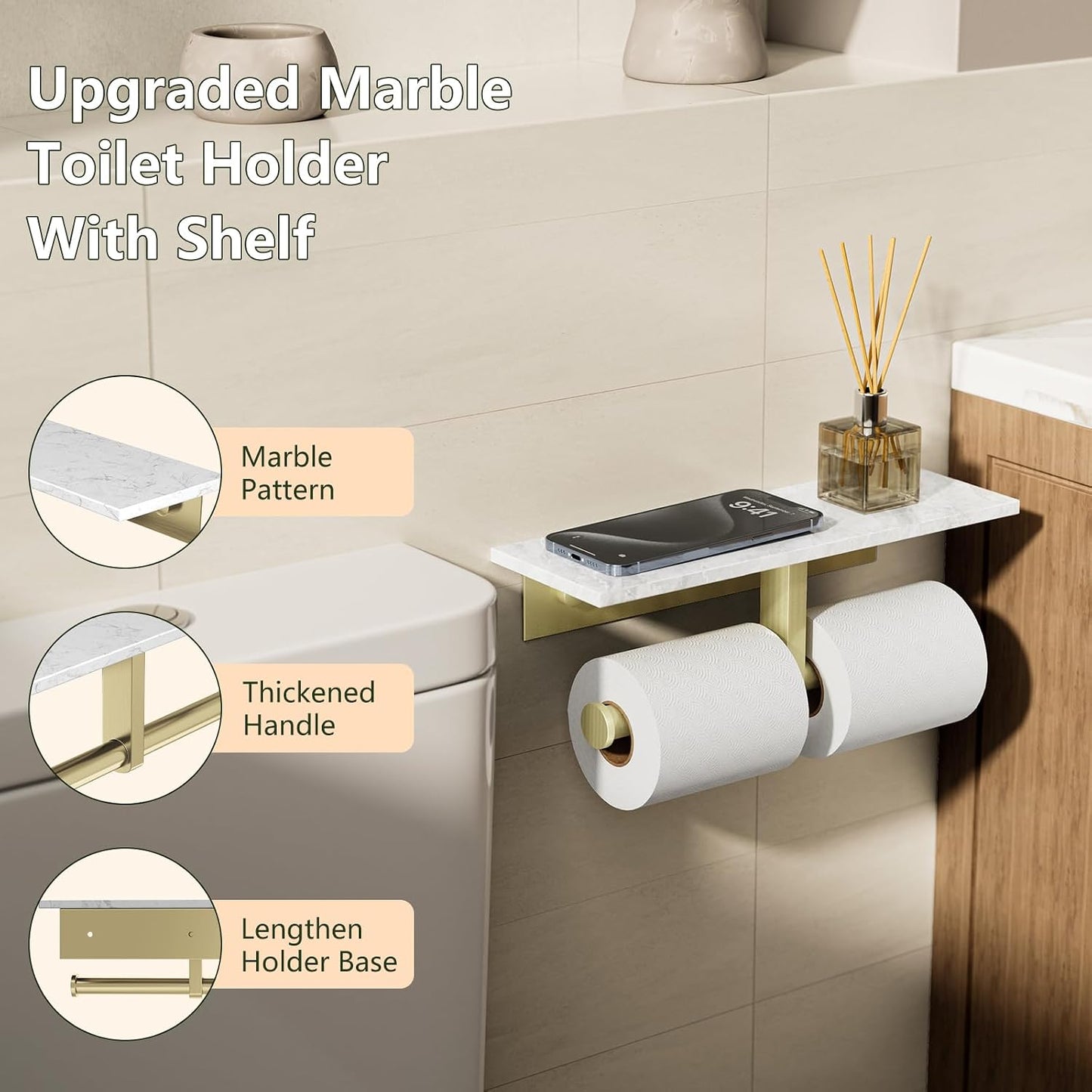 Marble Toilet Paper Holder with Shelf Doulble Bathroom Tissue Roll Holder | Brushed Gold 304 Stainless Steel Toilet