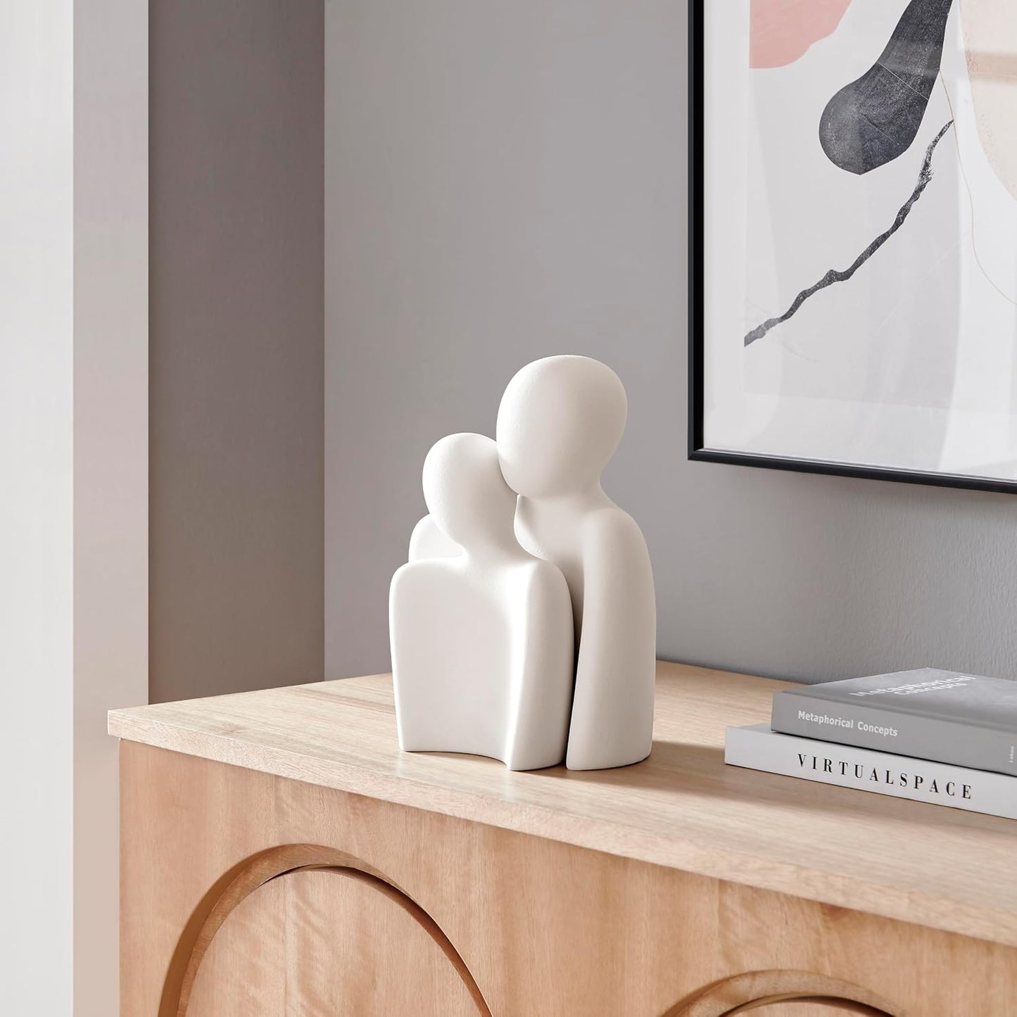 . Hans Abstract Nesting Two Piece Couple Decorative Accent Matte Ceramic Sculpture Figure / Cream
