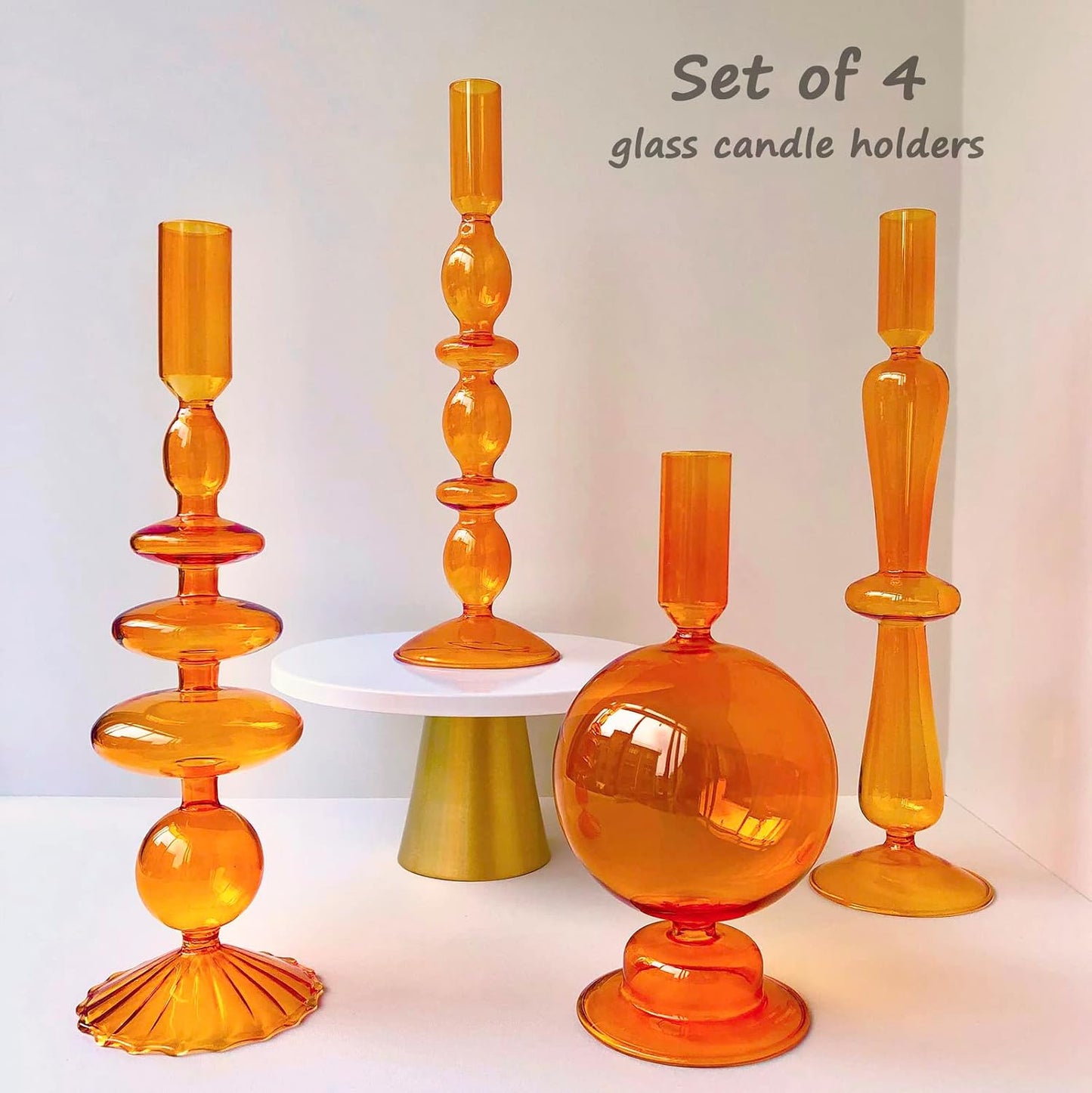 Candle Stick Candle Holder, Glass Candle Holders for Table Centerpiece, Modern Style Amber Candle Holder Mixed 4pcs