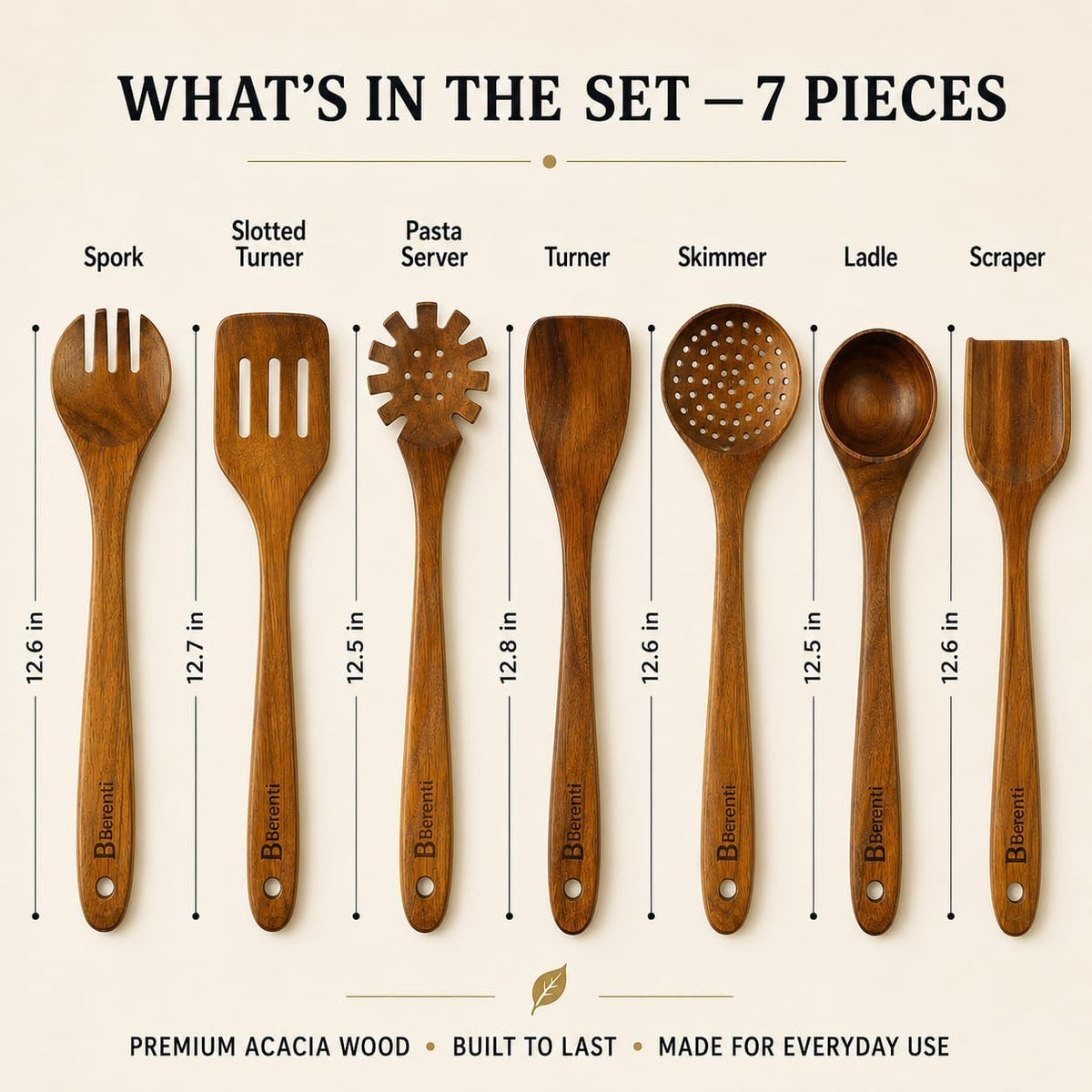 Berenti Wooden Utensil Set, 7 Piece Acacia Wood Cooking Utensils | Wooden spoon, spatula, turner, ladle, skimmer and