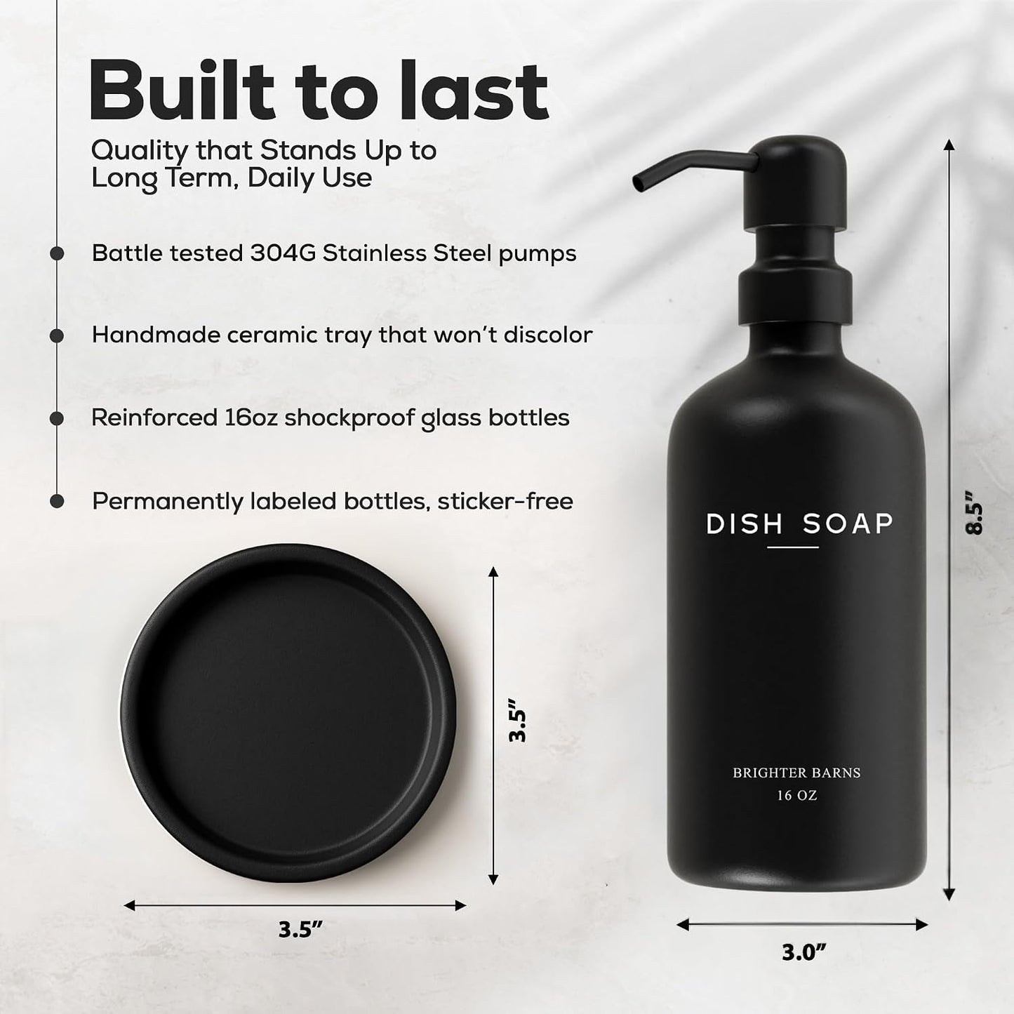 Black Glass Dish Soap Dispenser for Kitchen Sink by Brighter Barns - Modern Kitchen Soap Dispenser Set with Tray and
