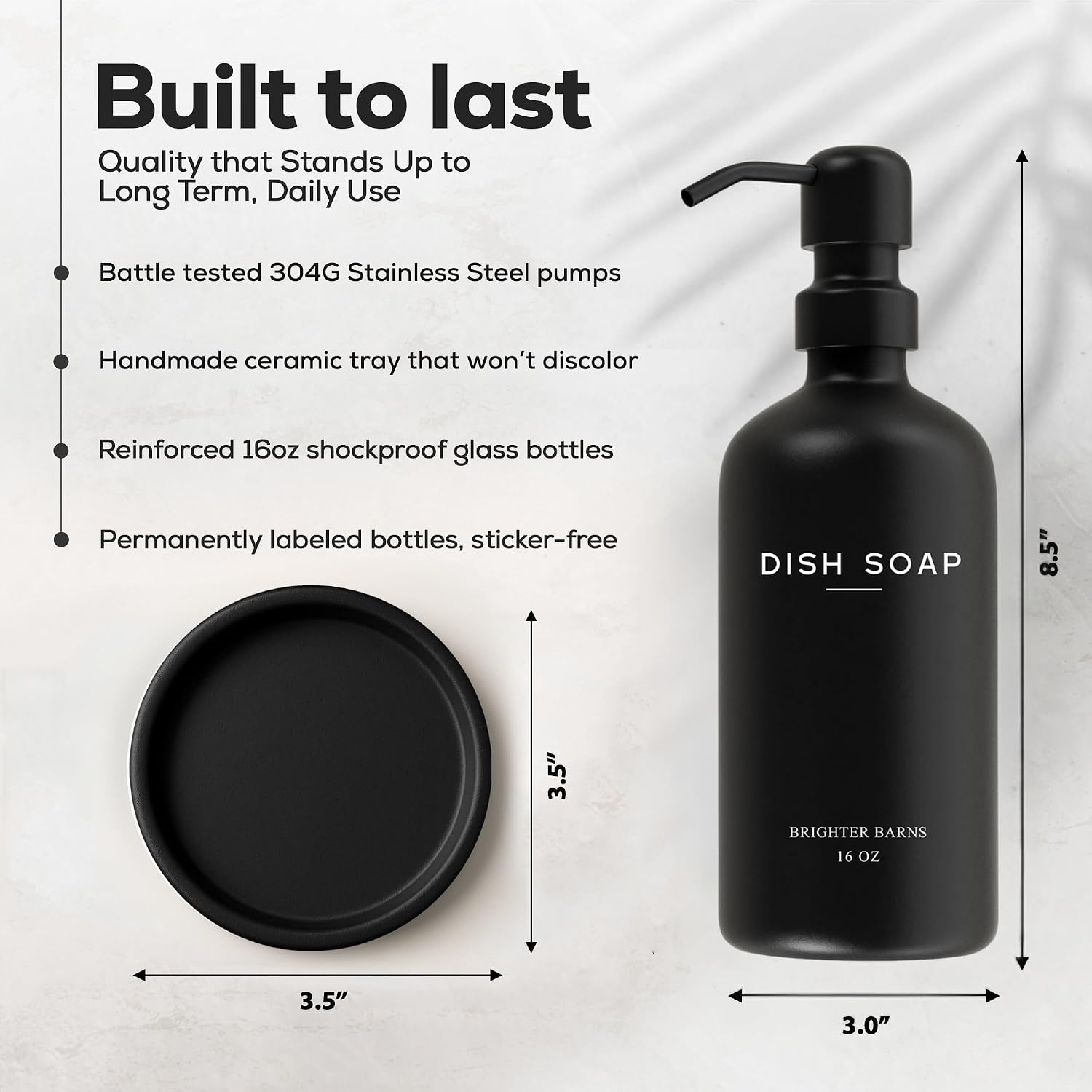 Black Glass Dish Soap Dispenser for Kitchen Sink by Brighter Barns - Modern Kitchen Soap Dispenser Set with Tray and