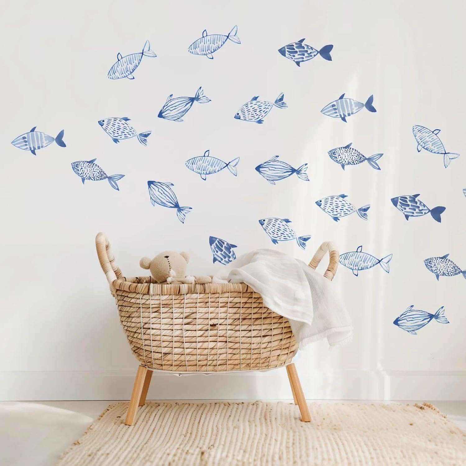 Hand Drawn Watercolor Fish Underwater World Wall Decals Waterproof / Blue Fish / Set of 30