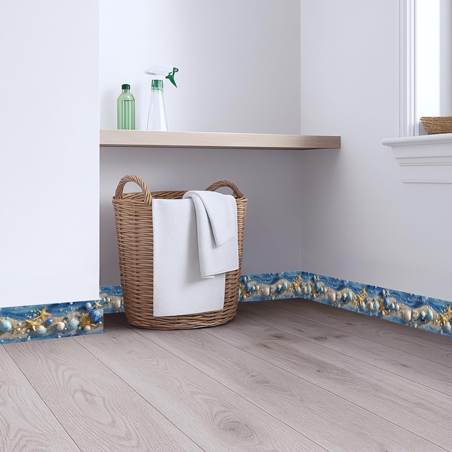 Wall Border Peel and Stick Coastal Beach Seashell Self Adhesive / Ocean Starfish / Blue / 196 x 4
