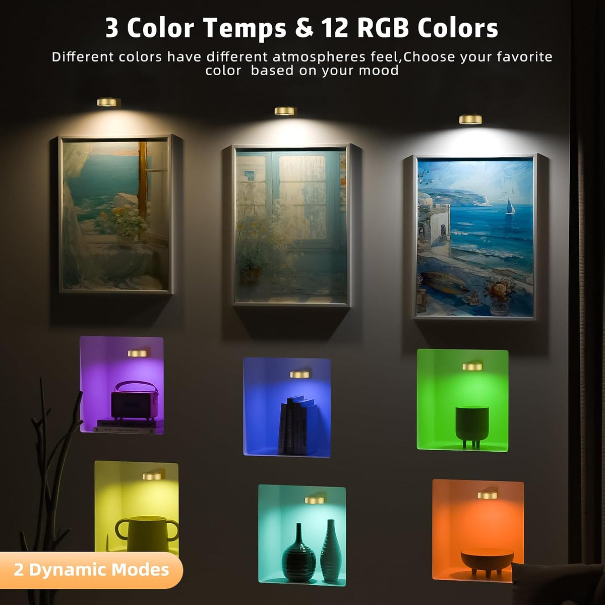 3 Pcs Picture Lights, Rechargeable Battery Operated Dimmable 3-Color Wall Light with Remote & Timer for Paintings