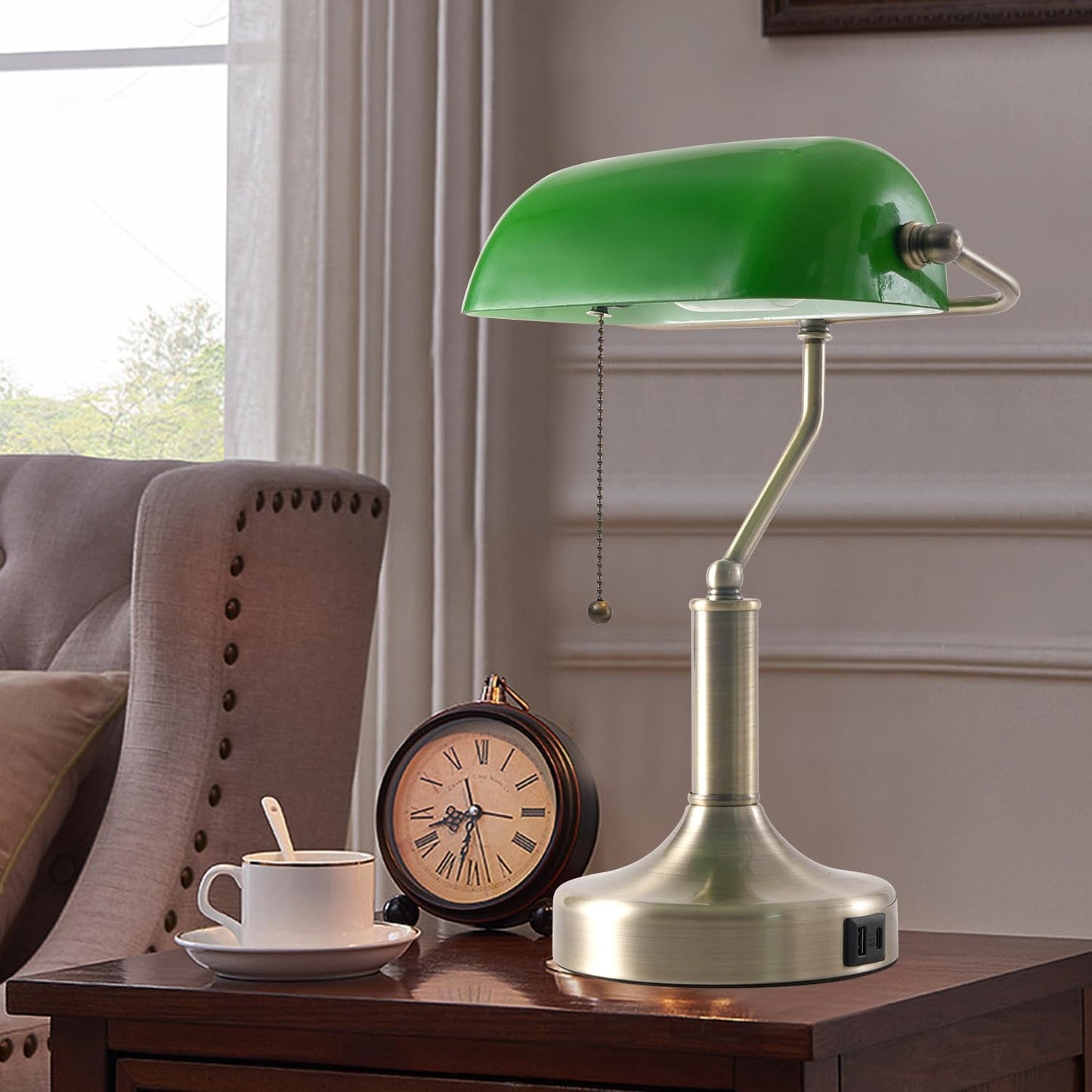 Banker Desk Lamp Green Glass, Antique Desk Lamps with Brass Base, Traditional Library Table Lamp with USB A and Type C
