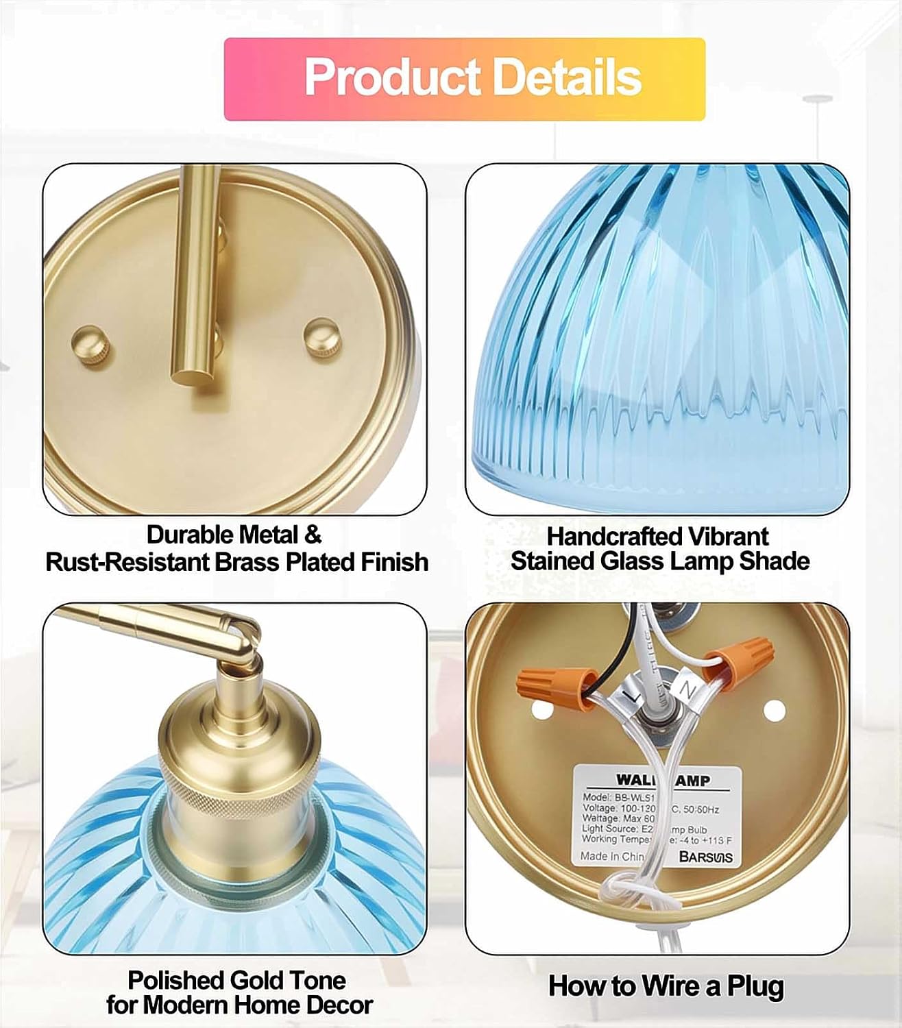 Swing Arm Wall Sconce, Plug in or Hardwired Gold Wall Lamp with Blue Stripe Ribbed Glass Shade, Modern Remote Dimmable