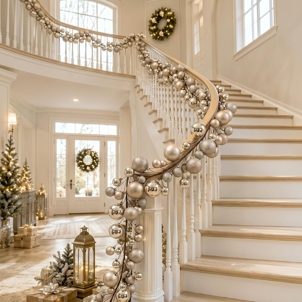 2 Pcs 9 ft Christmas Ball Ornament Garland, Champagne Gold | Bauble Bulb Christmas Tree Ball Decoration Shatterproof