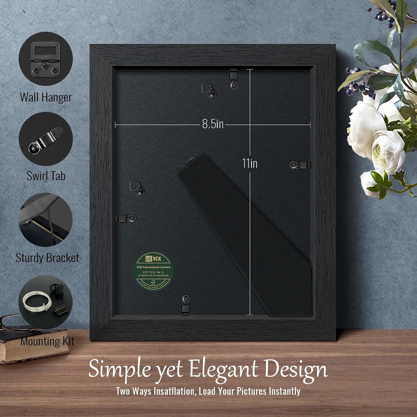 VCK 8.5 by 11 Picture Frame Black 4 Pack, Wide Thick Wood Border, for Photo | Exclusive Woodgrain, Wall/Tabletop, HD