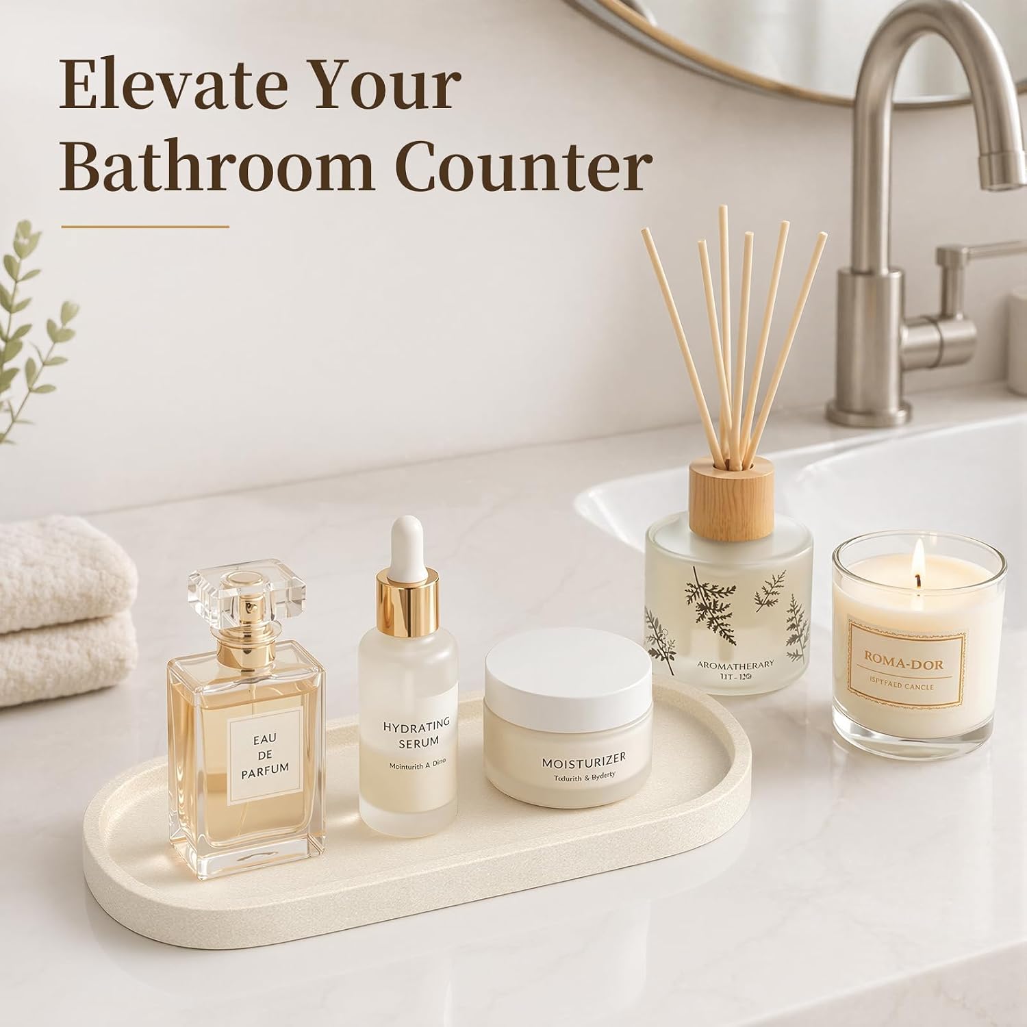 Bathroom Vanity Tray " Stone-Effect Bathroom Counter Tray for Countertop / Cream / 10.3 x 4.4