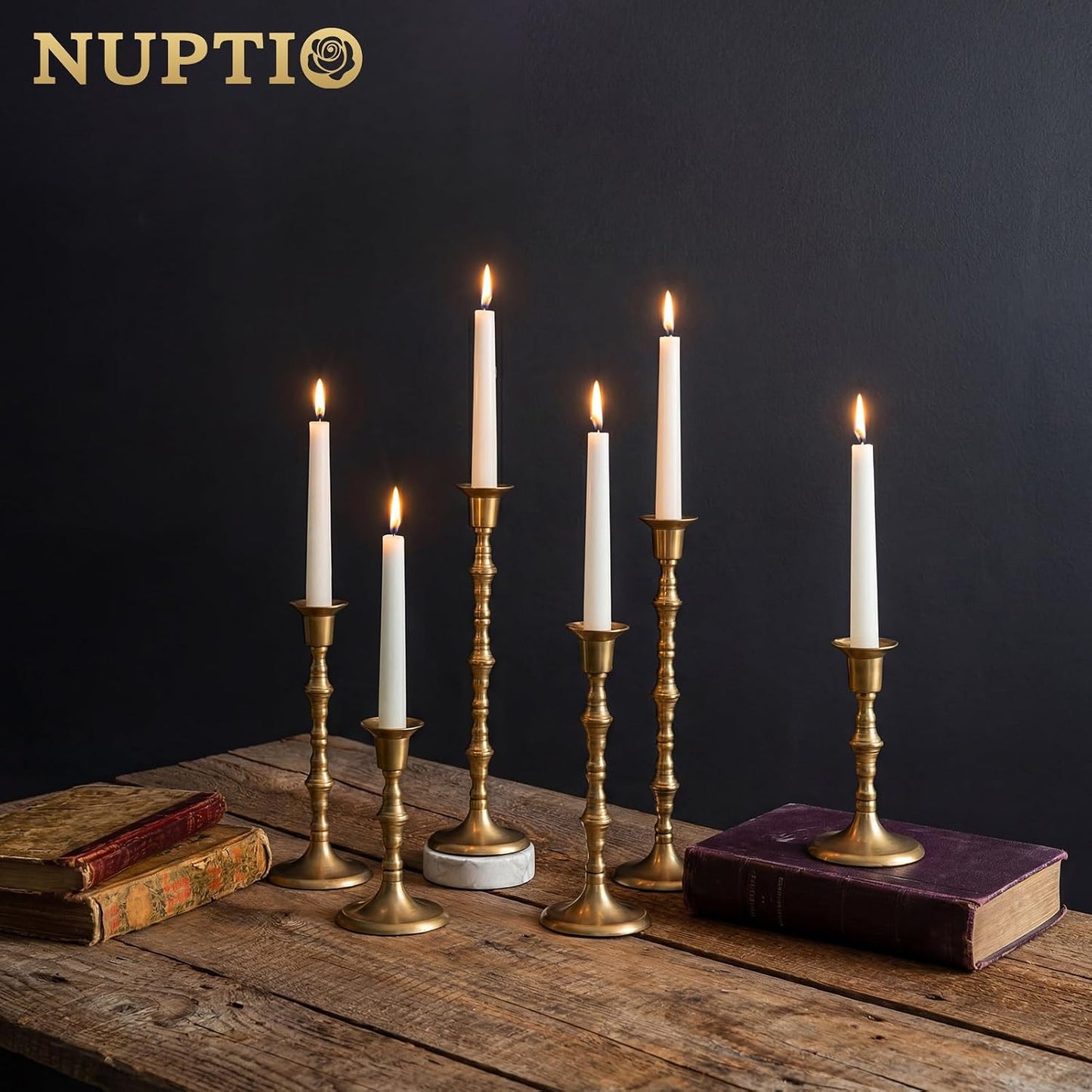 NUPTIO Gold Candlestick Holders for Centerpiece: Unique Taper Candleholders | Set of 3 Tall Assorted Candle Stick