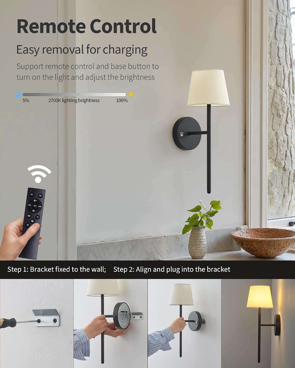 Battery Operated Wall Sconce Set of 2, Black Rechargeable Wall Light | Small, LED, 5200mAh, Dimmable, Fabric Shade