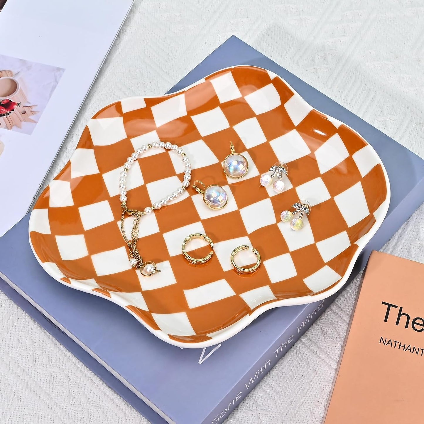 Ceramic Jewelry Dish Trinket Tray Organizer / Brown Plaid