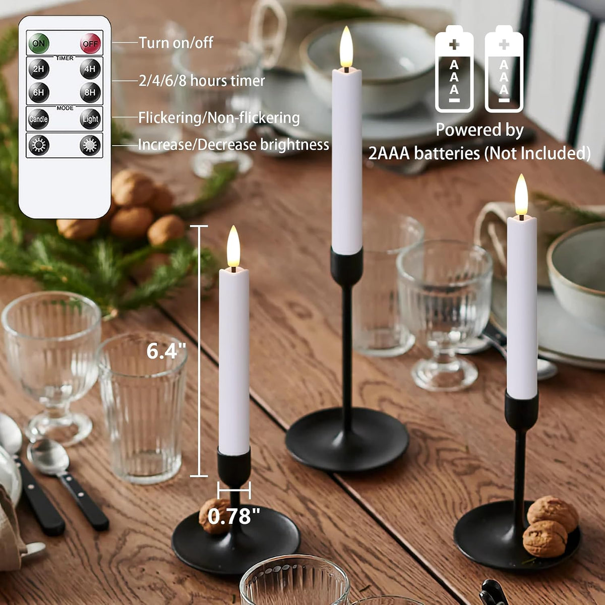 Flameless Taper Candles with Two Remote Timer, 6.4" LED 3D-Wick Window Candles, Flickering Long-Lasting Electric Pack