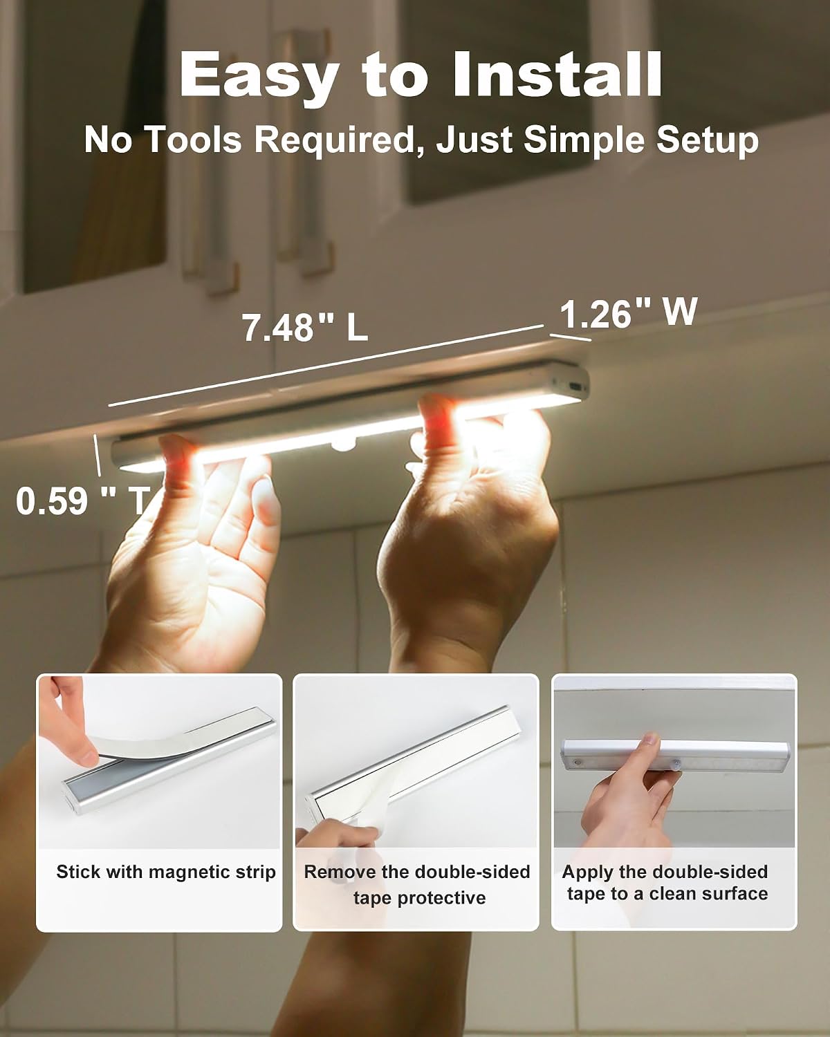 Under Cabinet Lights Wireless, 48-LED Under Cabinet Lighting Rechargeable, Closet Light with Timer & Dimmable, Under