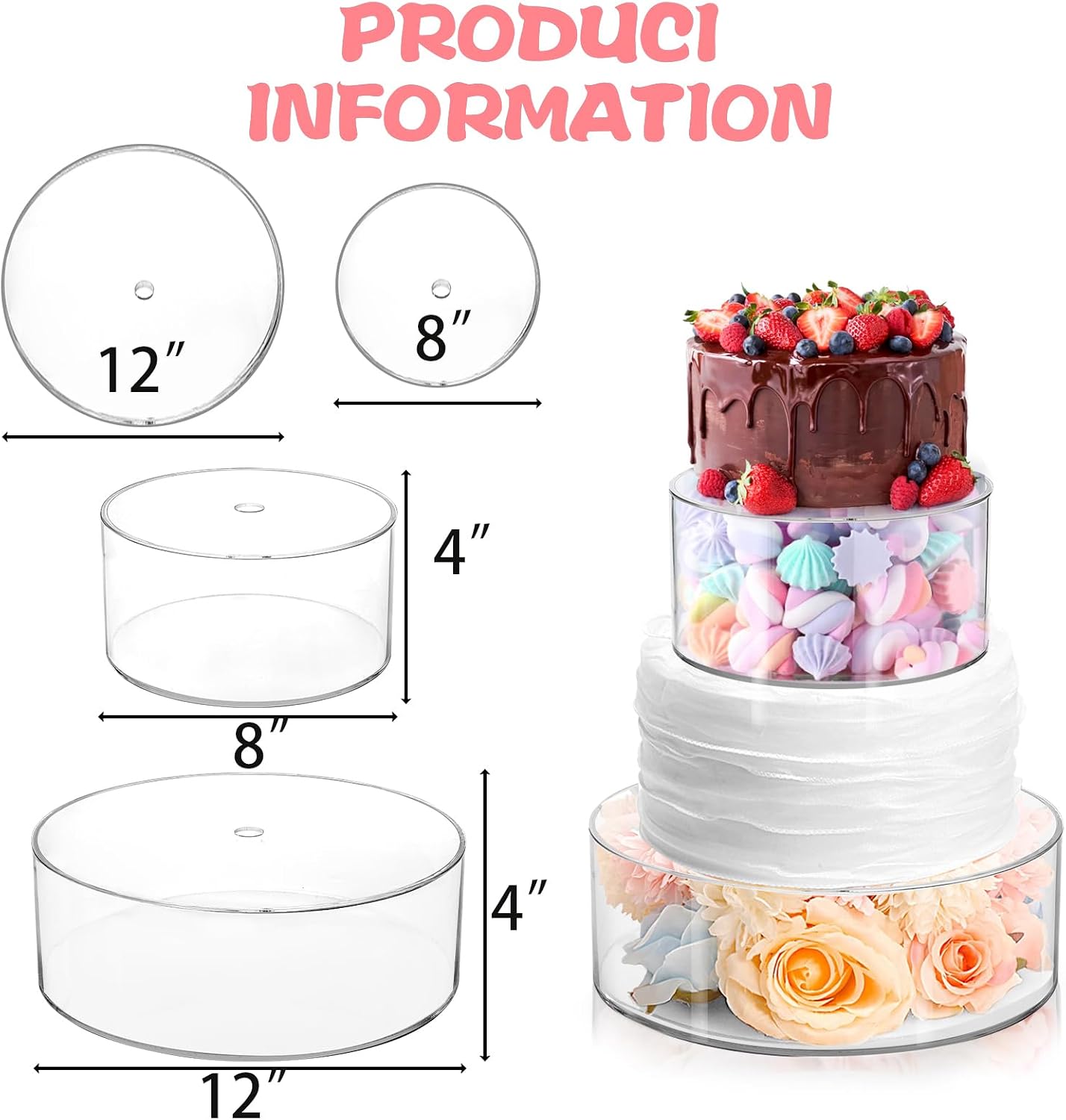 Set of 2 Clear Acrylic Fillable Cake Stand, Cake Tier Display Stand Cupcake Stand, 12 Inch & 8 Inch Round Cylinder