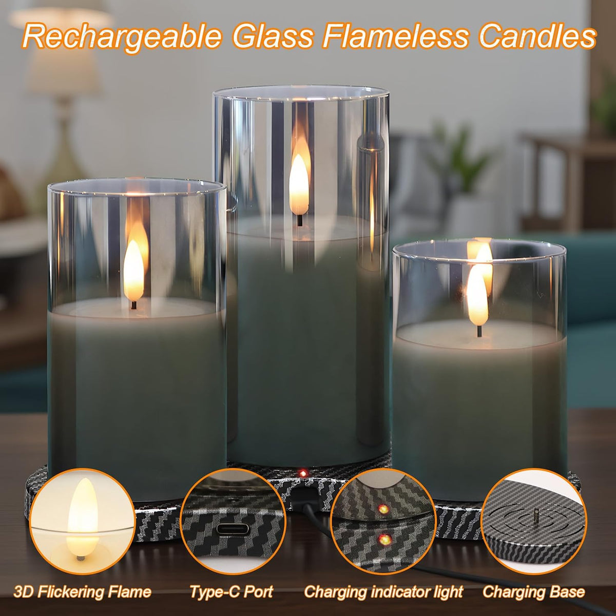 GenSwin Rechargeable Glass Flameless Candles with Remote Timer Black | Charging Base,Battery Operated Candles with 3D