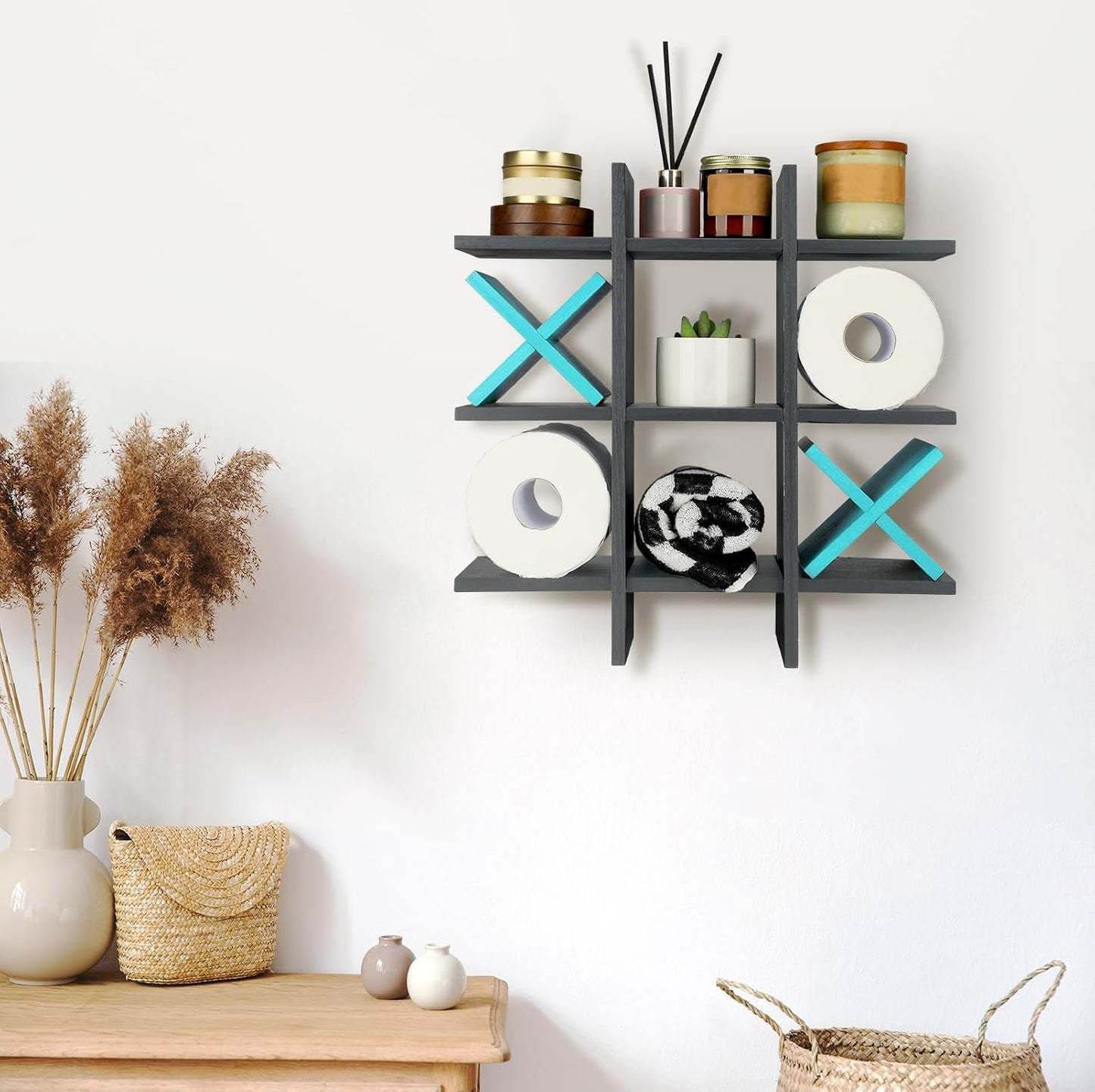 Weysat Tic Tac Toe Toilet Paper Holder,Gray, Light Blue | Farmhouse Bathroom Decor, Freestanding or Wall Mount Storage