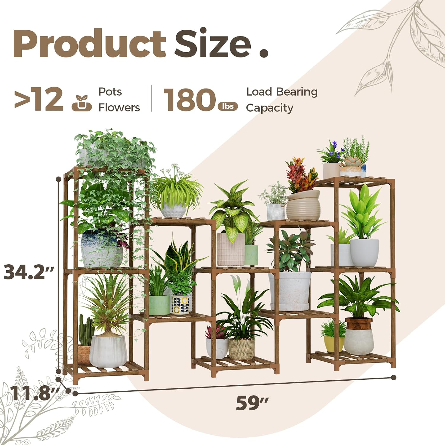 Bamworld Large Plant Shelf Outdoor Wood Plant Stand Large Rack for Living | Room Patio, Balcony and Garden