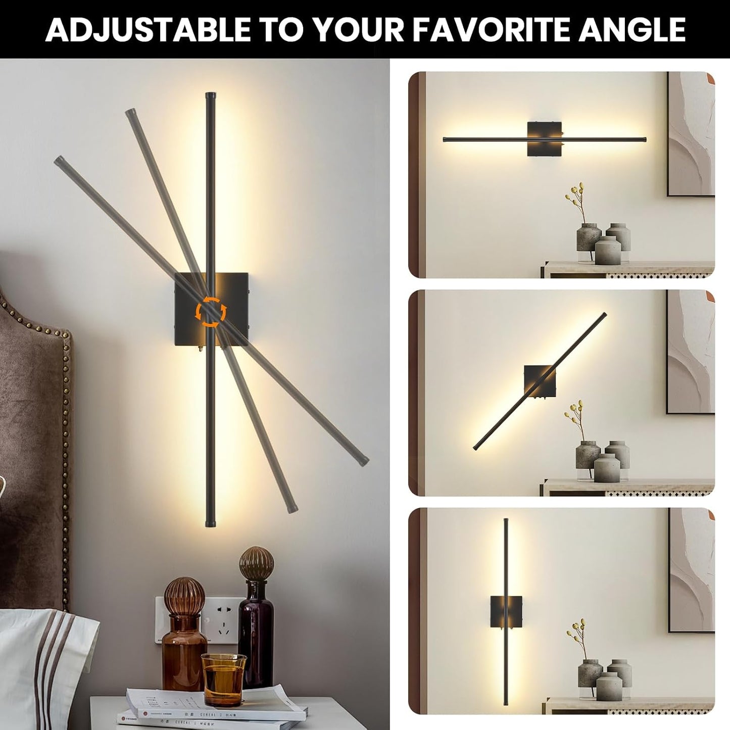 Battery Operated Wall Sconces with Remote Control, 11000mAh LED Wireless Rechargeable Black Wall Lights, 350°Rotate