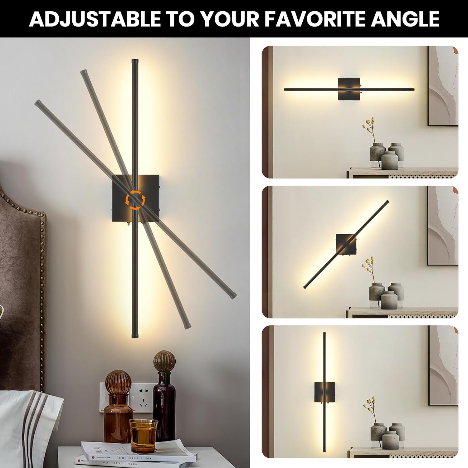 Battery Operated Wall Sconces with Remote Control, 11000mAh LED Wireless Rechargeable Black Wall Lights, 350°Rotate