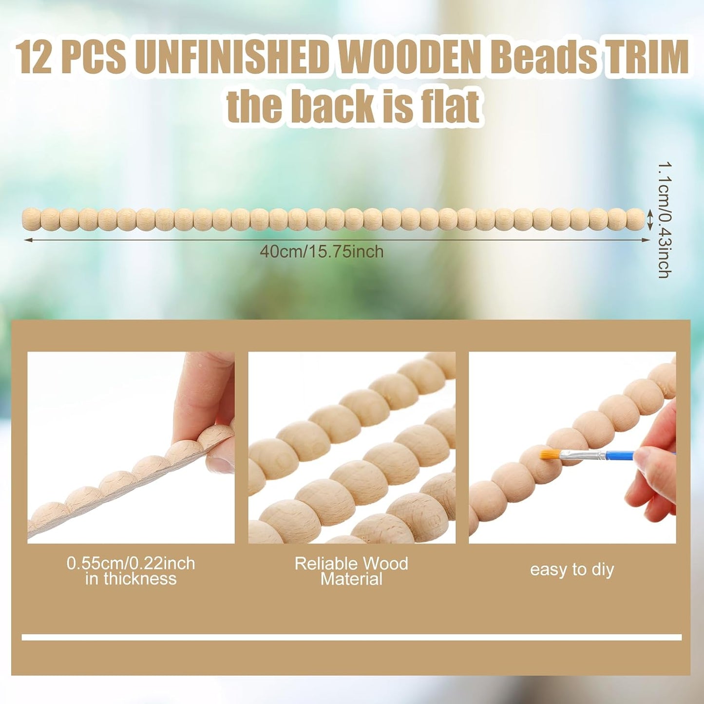 Decorative Beaded Wood Trim Molding Half Wooden Beads Bobbin Trims / 11 Mm / 15.75 Inch / Set of 12