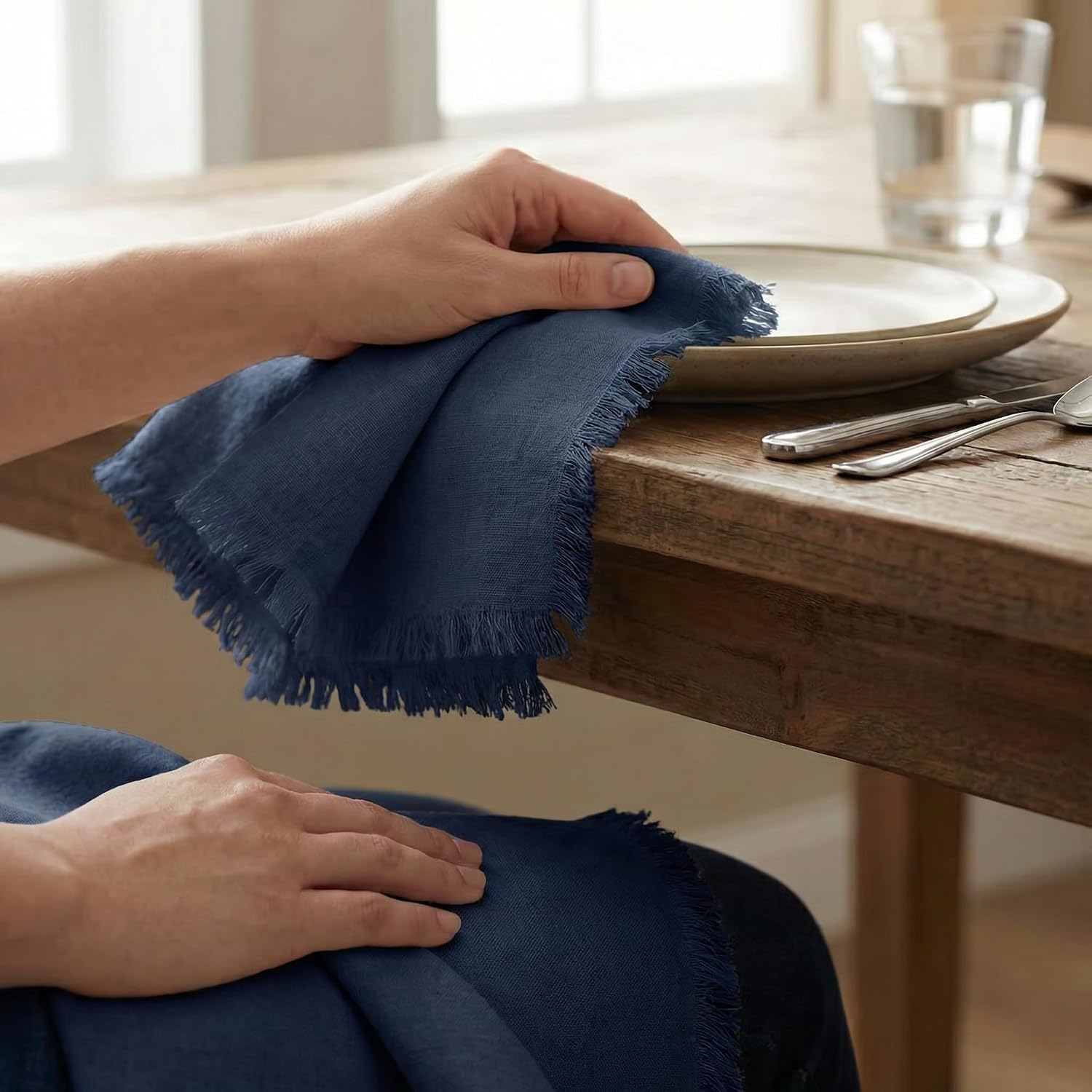 ACCENTHOME Navy Cotton Linen Napkin Set of 12 18x18 inch Dinner Napkins | Cotton Linen Blend Napkins, Machine Wash On
