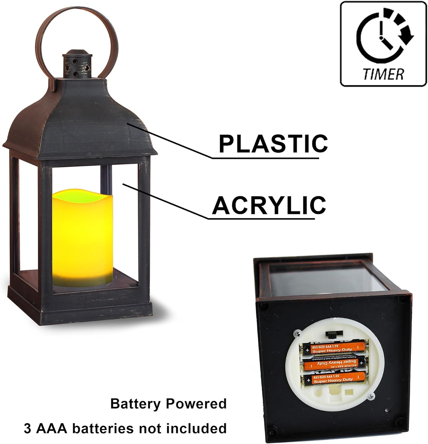 WRalwaysLX 2pack Decorative Lantern with flameless LED Candle Light, ON/Off/Timer Candle with 6Hours, Outdoor/Indoor