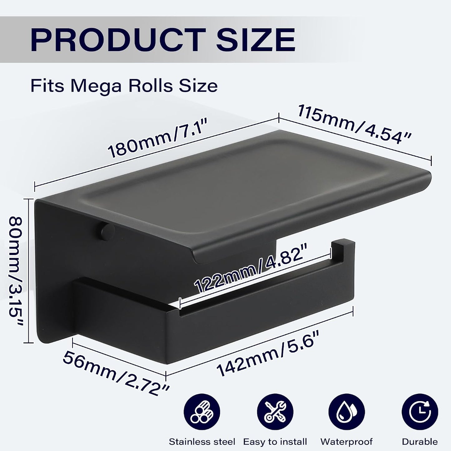 Alise Black Toilet Paper Holder with Shelf,Self Adhesive or Drilling | SUS304 Stainless Steel Adhesive Toilet Paper