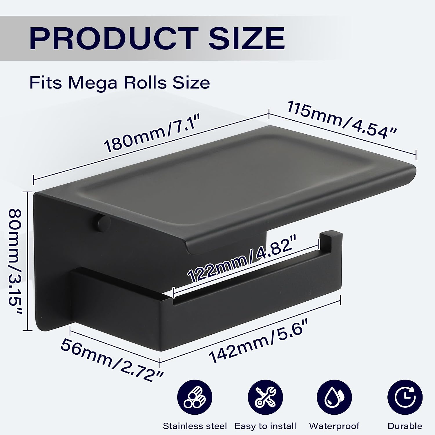Alise Black Toilet Paper Holder with Shelf,Self Adhesive or Drilling | SUS304 Stainless Steel Adhesive Toilet Paper