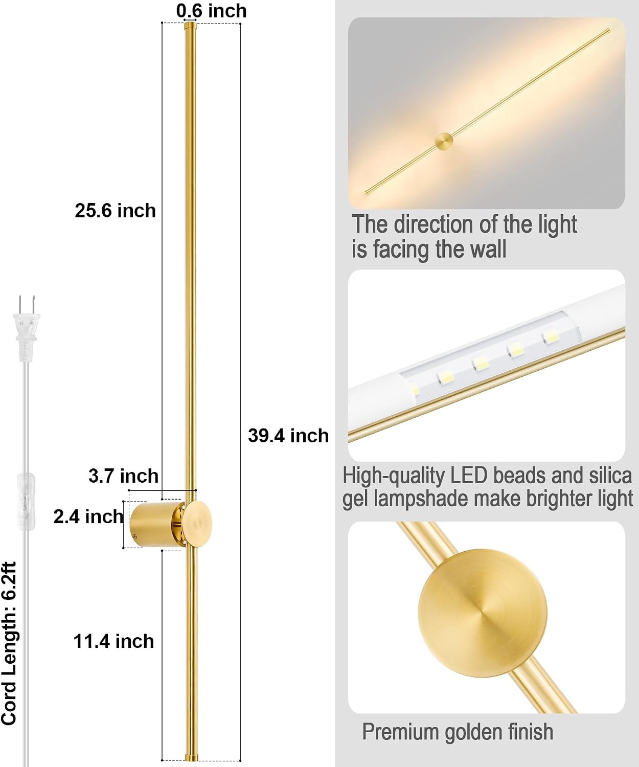 GOODATE Wall Sconces Set of Two with Remote, Stepless Colors 3000K-6500K & Stepless Dimming, Hardwire or Plug-in, 180°