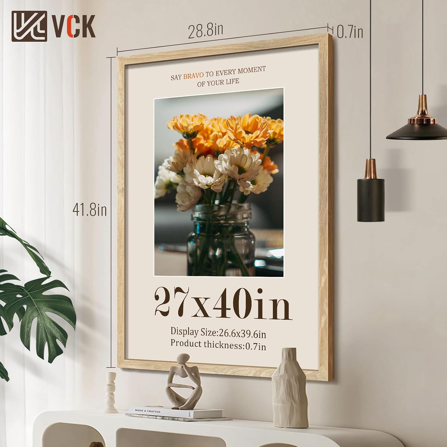 VCK 27x40 Inch Poster Frame Set of 3, Natural Solid Wood, Wall Hanging | Wide Border, Light Woodgrain, Shatterproof