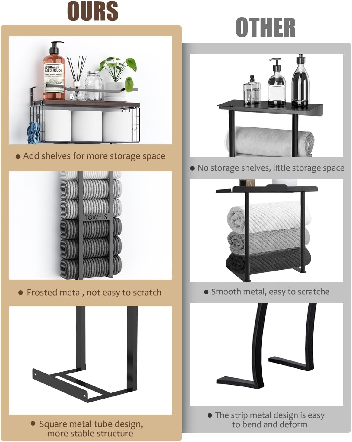 Large Towel Rack & Bathroom Towel Holder - Wall Mounted Metal Rack with Wooden Floating Shelf, Small Bathroom Towel