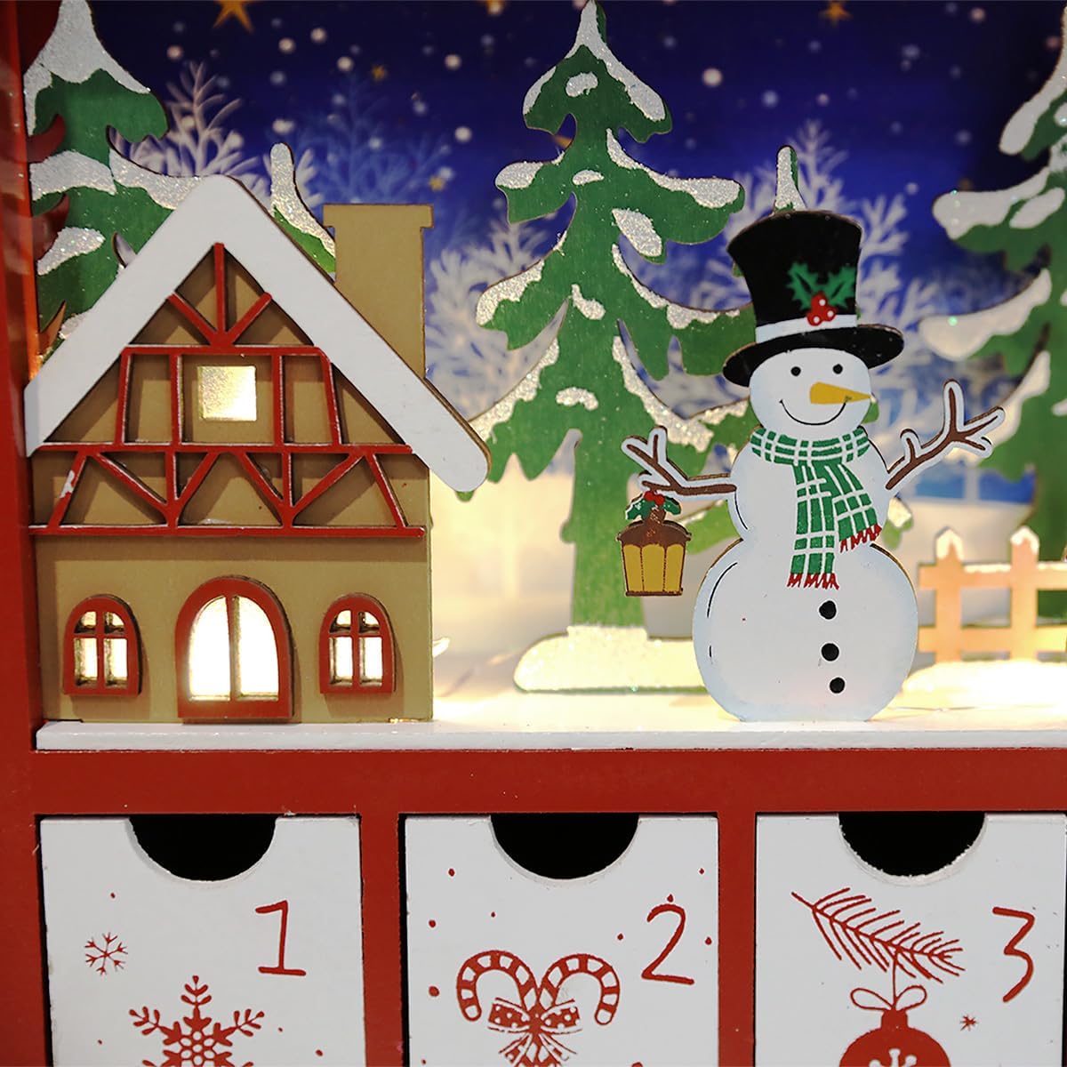 Christmas Wooden Advent Calendar Book with LED lighting Red Color Christmas Snowman & Santa Countdown Holiday Gifts