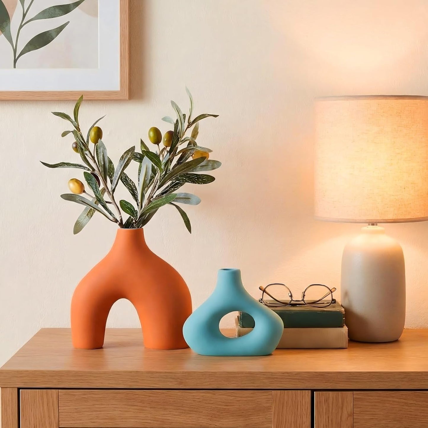 Mid Century Modern Decor Ceramic Donut Vases / Orange Blue / Set of 2