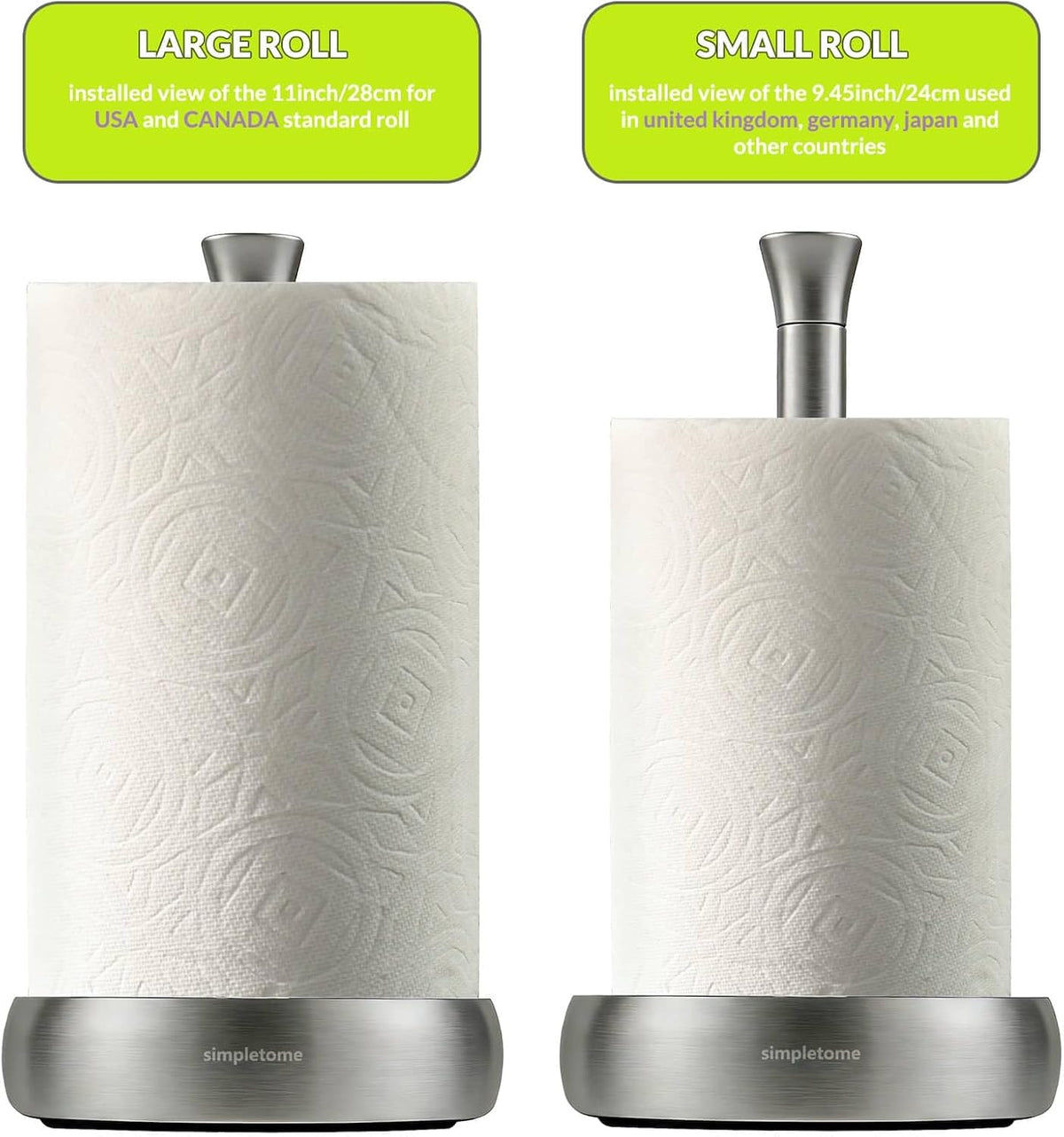 Paper Towel Holder Stand Keep Rolled Up (SUS304 Brushed Stainless Steel) | paper won’t unravel | weighted base